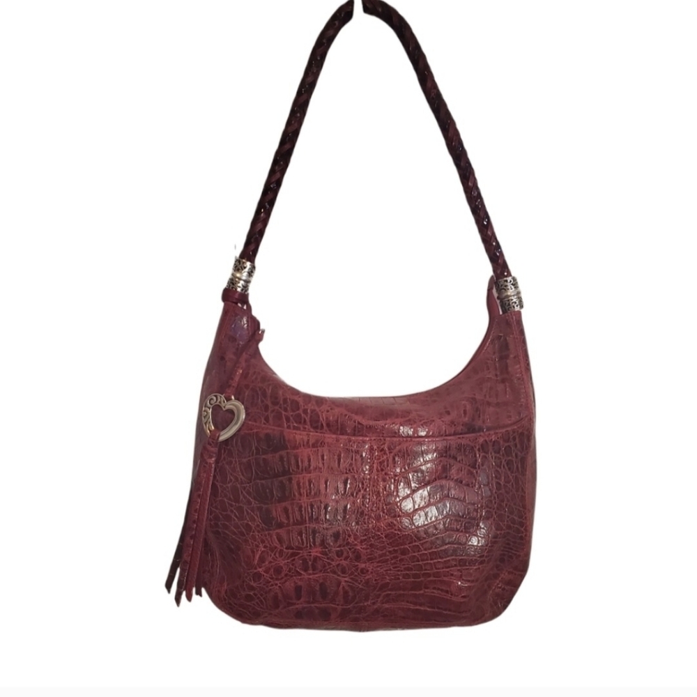 Brighton Wine Red Croc Embossed Soft Leather Braided Strap Hobo Shoulder Bag - Picture 4 of 9